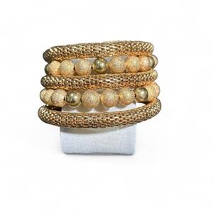 Gold tone beaded mesh stretchy spiral chunky bangle bracelet
